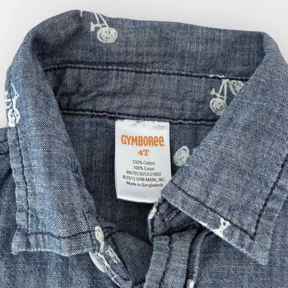 Gymboree Shirt Boys Size 4T Blue Chambray Bicycle 100% Cotton Long Sleeve Button